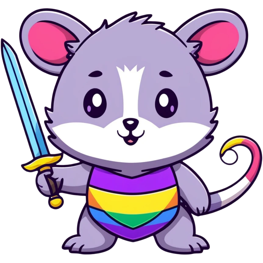 A cute pastel colored possum warrior holding a gleaming sword, with rainbow fur, sparkly eyes, and colorful stars around emoji