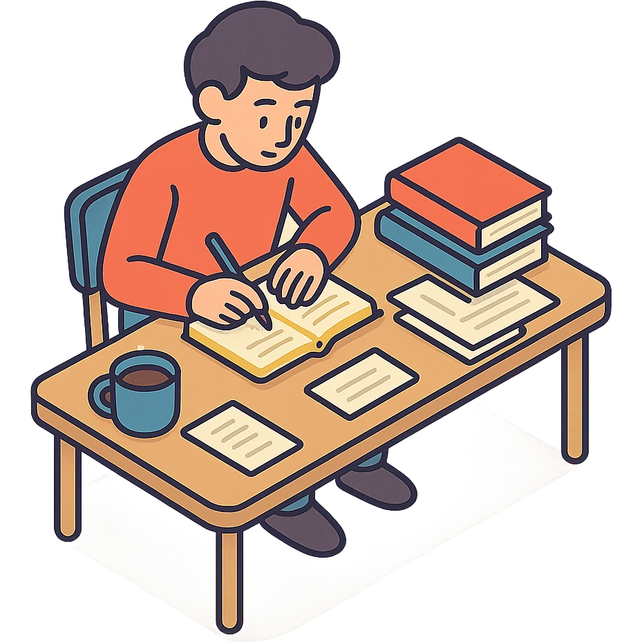 beginner writer, sitting at a desk with a notebook and a pen, surrounded by books and papers, with a cup of coffee emoji