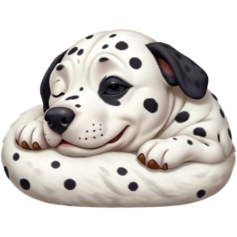 Cinematic Meme-Worthy Chubby Sleeping Dalmatian Portrait Emoji, Head resting peacefully with a contented smile, showcasing a delightfully chubby build and a luxuriously soft white coat with bold black spots, eyes shut in a serene nap, Simplified yet hilariously adorable features, highly detailed, glowing with a soft, drowsy light, high shine, relaxed and utterly lovable, stylized with an air of playful laziness, bright and heartwarming, soft glowing outline, capturing the essence of a comically sleepy Dalmatian, so meme-worthy it feels like it could instantly become the next viral sensation of adorable slumber! emoji
