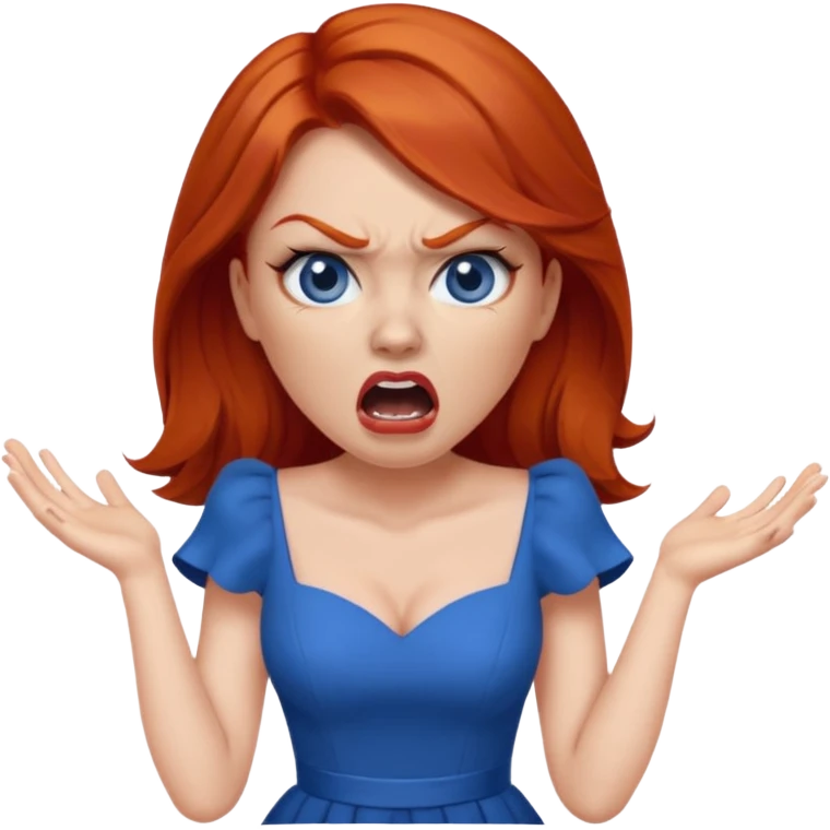 mujer pelirroja con los ojos y los labios maquillados enojada gritando con vestido azul emoji