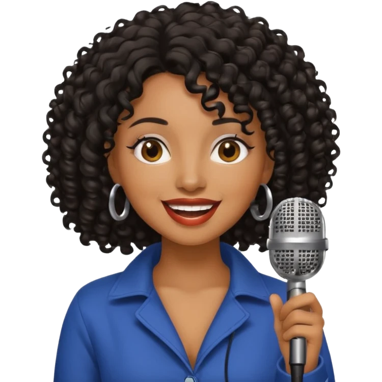 brown skin woman, curly black hair, singer, hold micro emoji