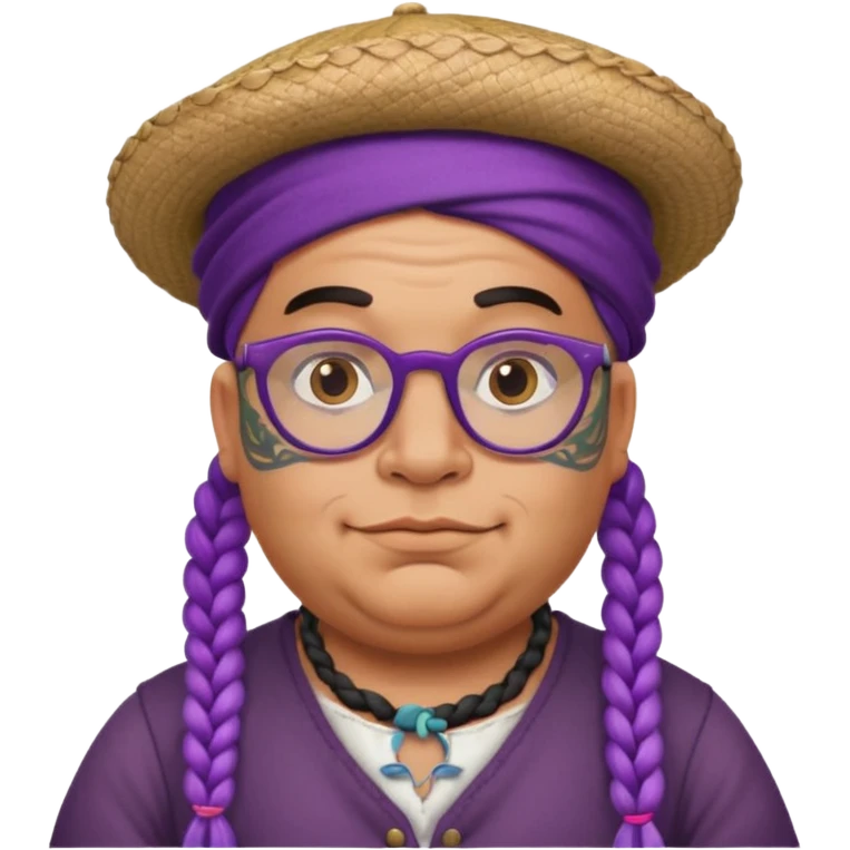 very tattoed face, normal glassess, fat venice gondolier with iconic hat and purple thick braided hair emoji