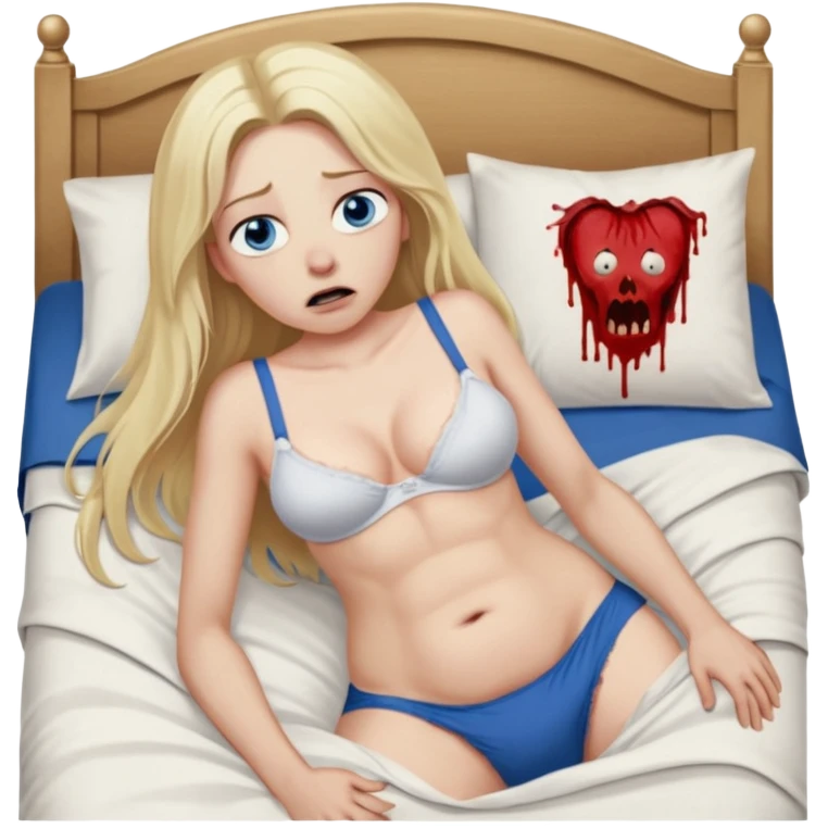 Naked Blonde baddie with very longhair blue eyes   lay in a bed in underwear sie hat Todesangst und guckt schmerzhaft erschrocken Bauch aufgebläht und Bettlacken blutig ihre Brüste unnatürlich riesengroß. Gespreizte Beine ein Mann war das, der kurz vorm platzen ist orgasmus emoji