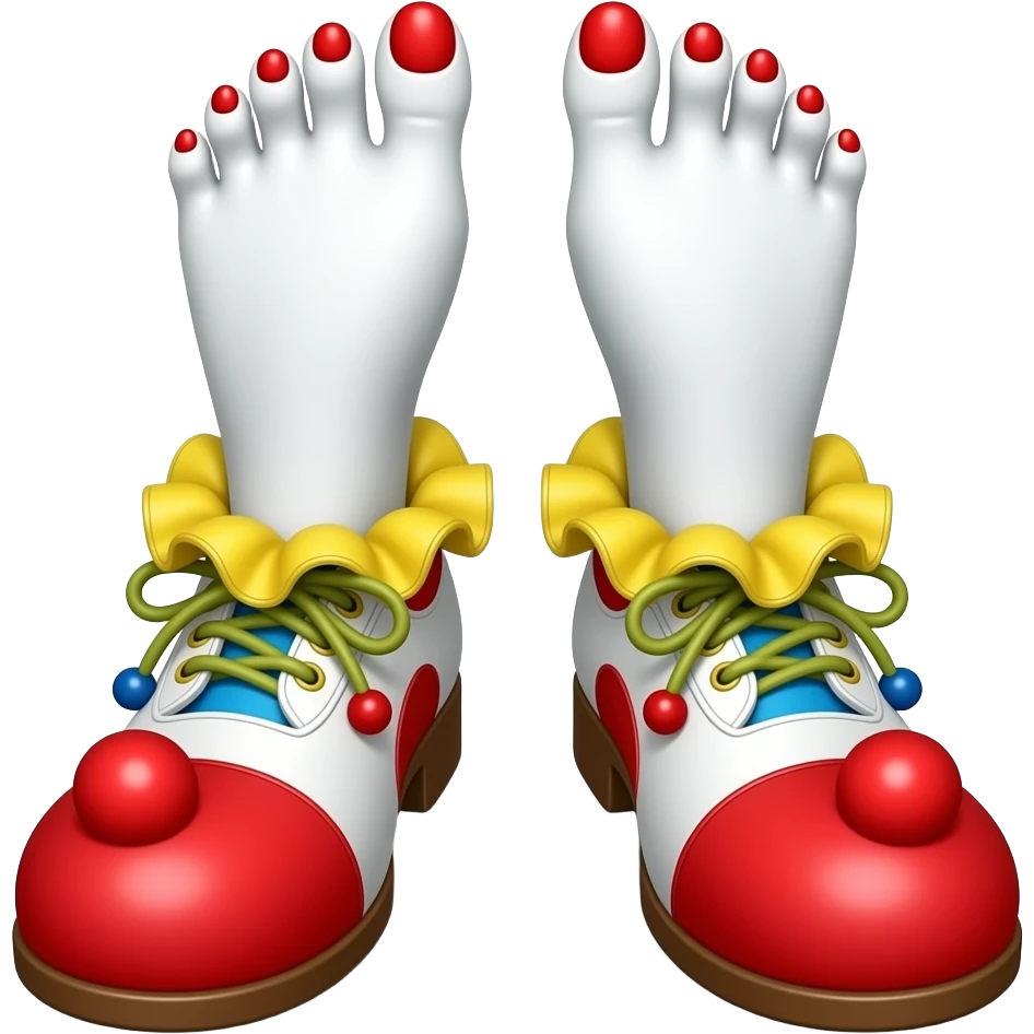 White toes with red toenails stick out of clown shoes emoji
