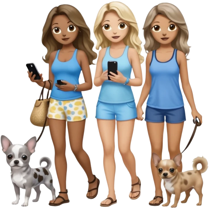 Three pretty women in beach clothes walking 2 dogs, blue and gray spotted Merle Frenchie and walking a black and tan chihuahua puppy, holding iPhone, hazel eyed light skin with dark blonde long hair and light skin hazel eyed long wavy dark hair, blue eyed light skin long blonde hair  emoji