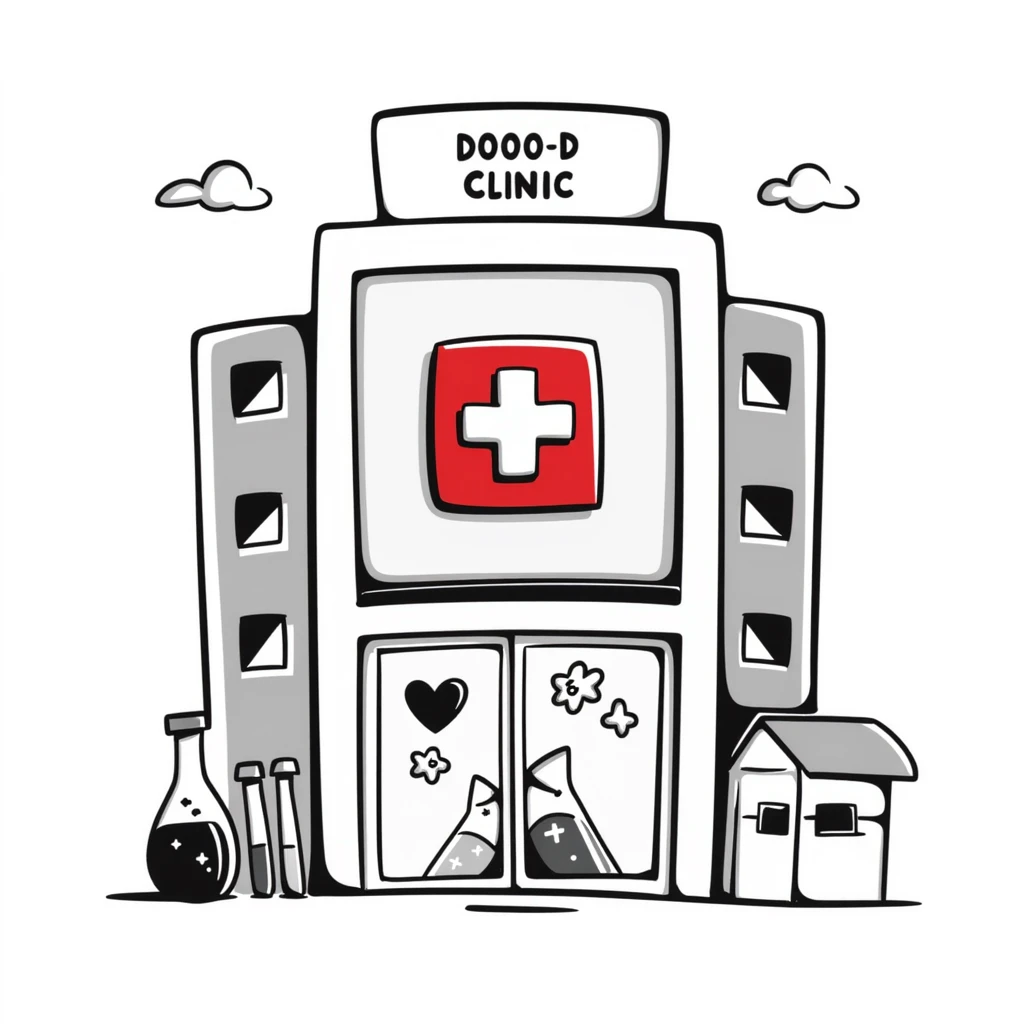 Modern clinic building with glass facade, featuring a red cross sign, test tubes on display, and a subtle heart icon, clean and medical appearance emoji