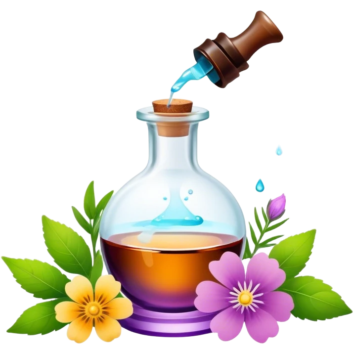 Perfume making icon, delicate glass bottle being filled with colorful essential oils from droppers, swirling mist rising from the bottle, flowers and herbs nearby, minimalistic style, clean lines, transparent background. emoji