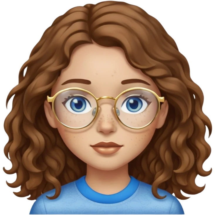 Girl with light skin, wavy brown hair, blue eyes, freckles, and gold glasses emoji
