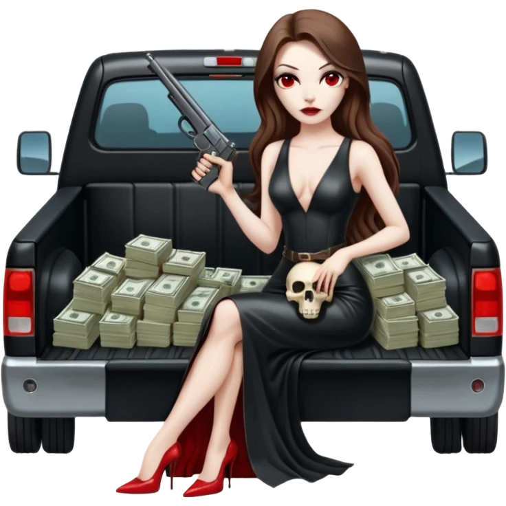 Lilith symbol red eye seductress evil long brown haired sexy succubus woman with leather long dress with slit on, sitting in Big Large F350 pickup truck. Back seat full of stacks of cash, she is  Holding a human skull of her enemies and a gun in other hand emoji