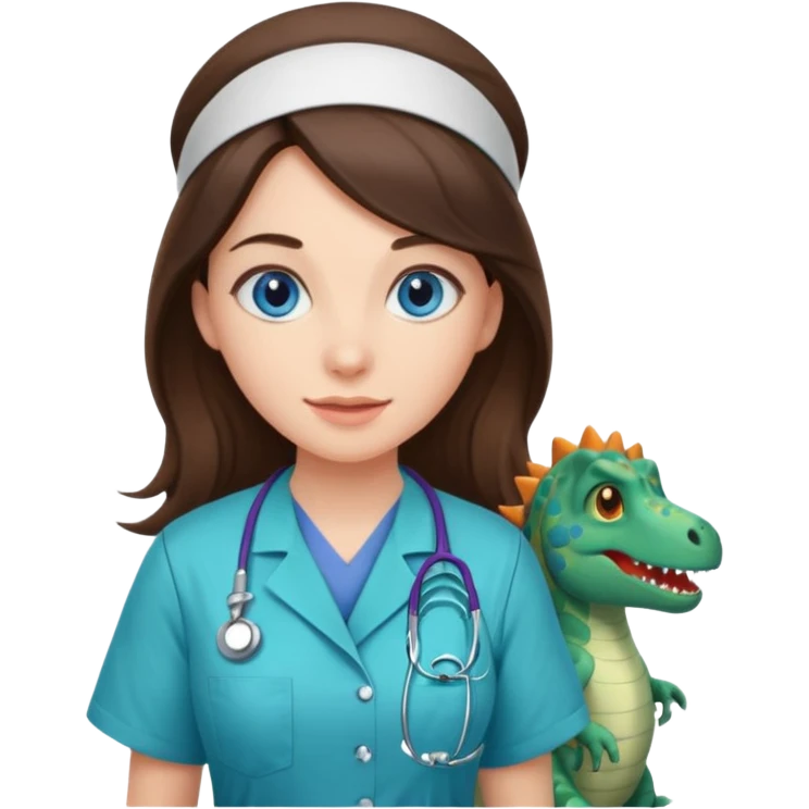 pretty brunette nurse with long hair and blue eyes in dinosaur scrubs emoji