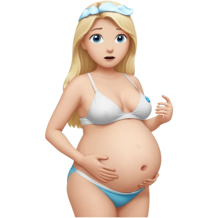 White girl, long blonde hair, blue eyes, huge pregnant belly, full body, white bikini, scared expression, looking at belly. emoji