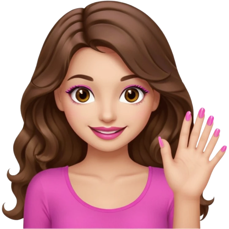 girl with long wavy brown hair, brown eyes, long lashes, sexy pink lips, light to medium complexion, wearing a pink sexy top, smiling, finger tips touching emoji