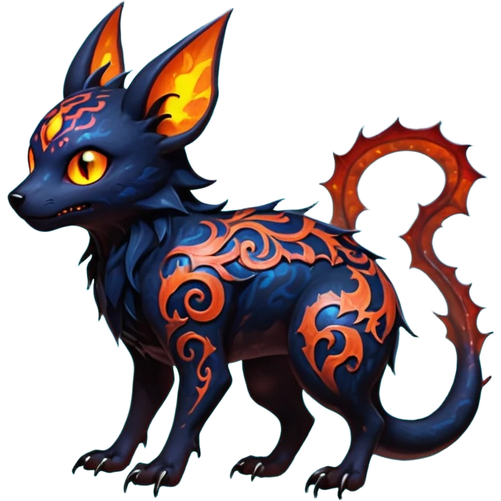 Shiny Fiery Dark Ugly Evil Realistic Glowing Eldritch Horror Cool Edgy Badass Emo Demonic Batty Dusky Ethereal Punky Aural Bioluminescent Hideous Autumn-Leafed-Canine-Litten-Amaura-Salandit-Noibat-Flareon-Fakémon-fusion (full body) with intricate pattern markings emoji