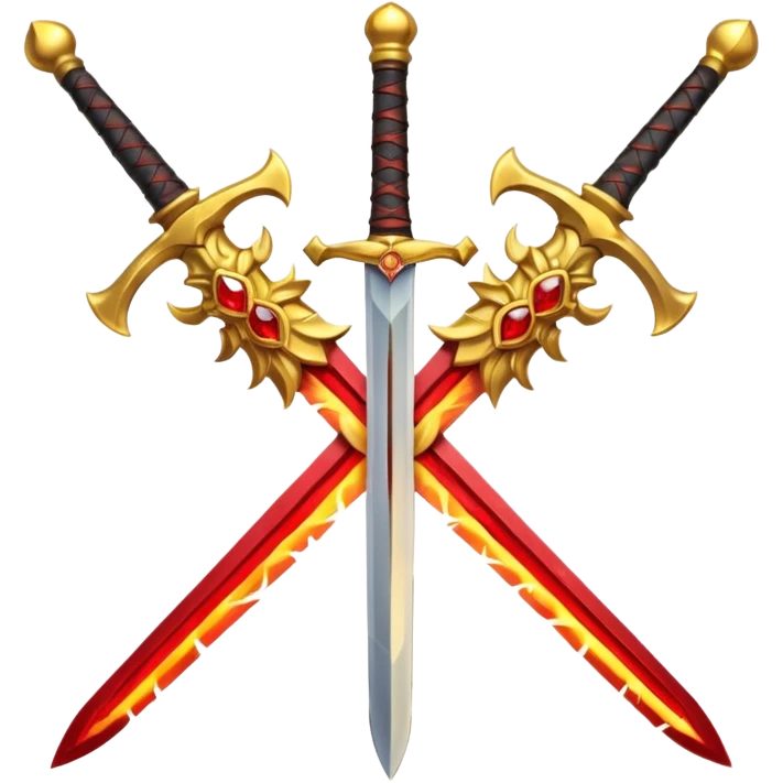 Two crossed swords that are golden in blade and handle and have fiery and royal appearence to them as well as red gem stones yellow in color emoji