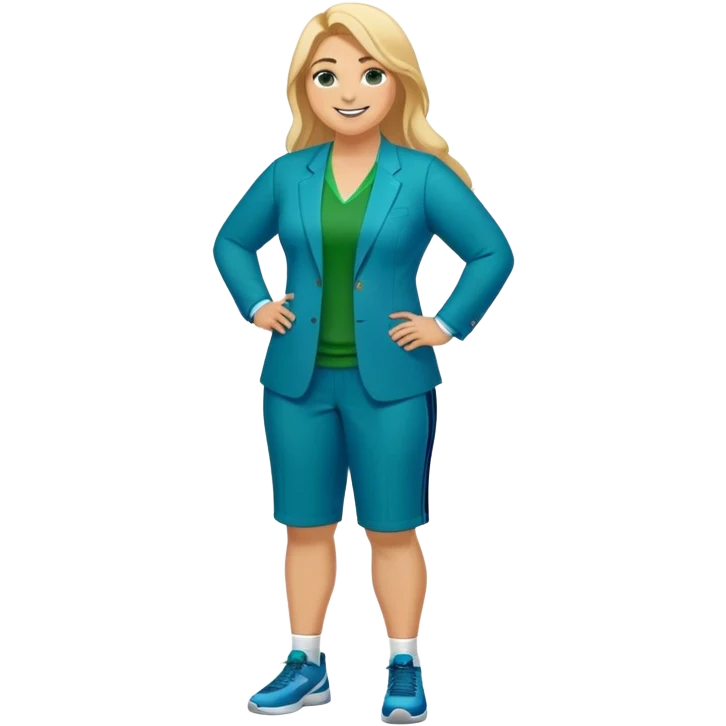 Full Body white plus size female basketball head coach with long blonde hair in a blue and green suit smiling emoji