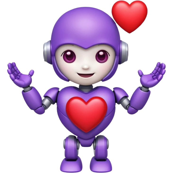 cute baby robot, white and purple, holding a heart, cheerful emoji