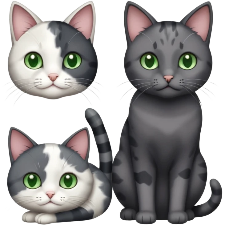 3 different coloured small cats including a dark grey and white, and a patchy calico and a completely solid dark grey with green eyes and only white paws emoji