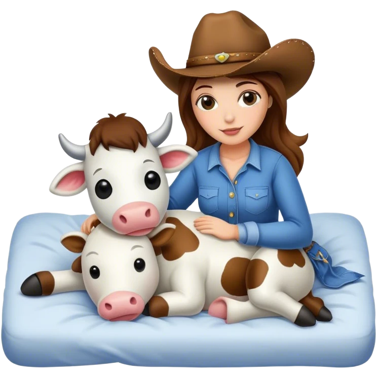 Cowgirl cuddling stuffed cow in bed  emoji