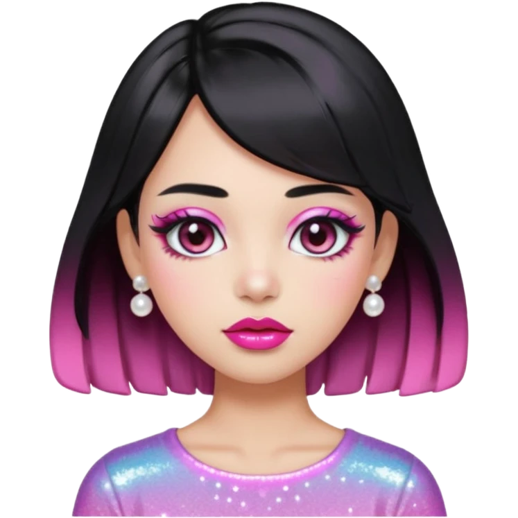 “black hair Emoji girl, glossy pink eyelids, ombré cherry lips, soft contour, subtle glitter under eyes, pearl hair clips, trendy hairstyle, iridescent modern top.” emoji