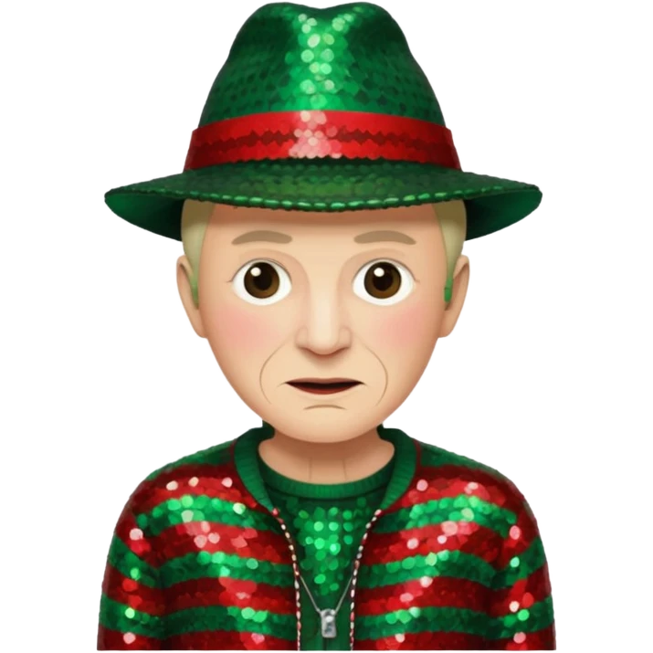 Freddy Krueger with red and green stripe sequin sweater, dark brown sequin jacket and hat emoji