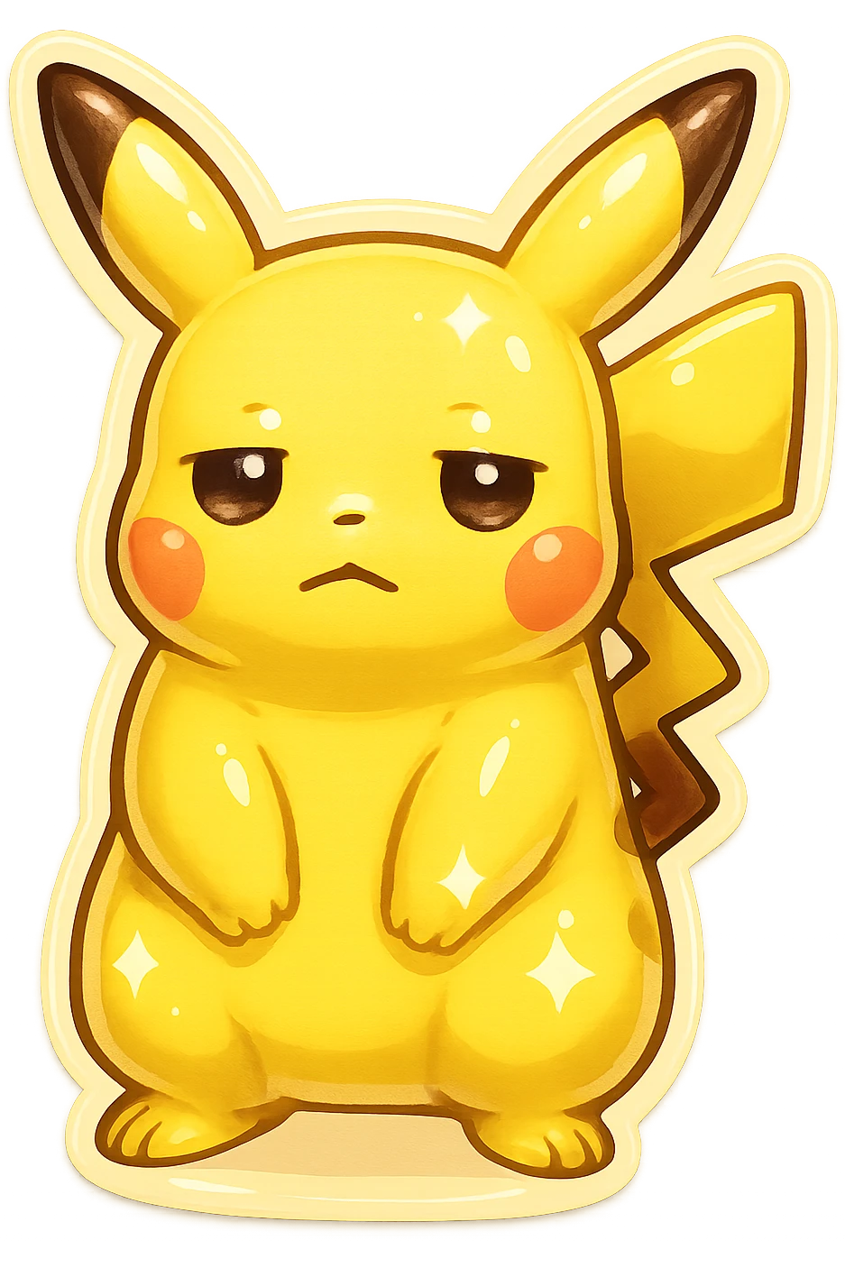 Make this a shiny Pikachu with a lighter yellow color and sparkles, keep the retro stickers style and no background. emoji