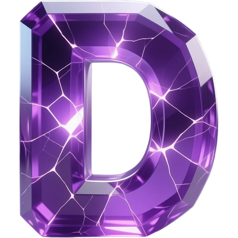 A hyper-realistic 3D letter 'D' carved from translucent purple amethyst, filled with glowing internal fractures. Volumetric lighting, cinematic glow, dark background, 8k resolution, emoji