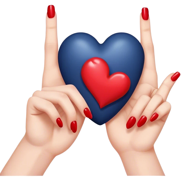 
a hand with a red manicure holds a dark blue heart with two fingers emoji