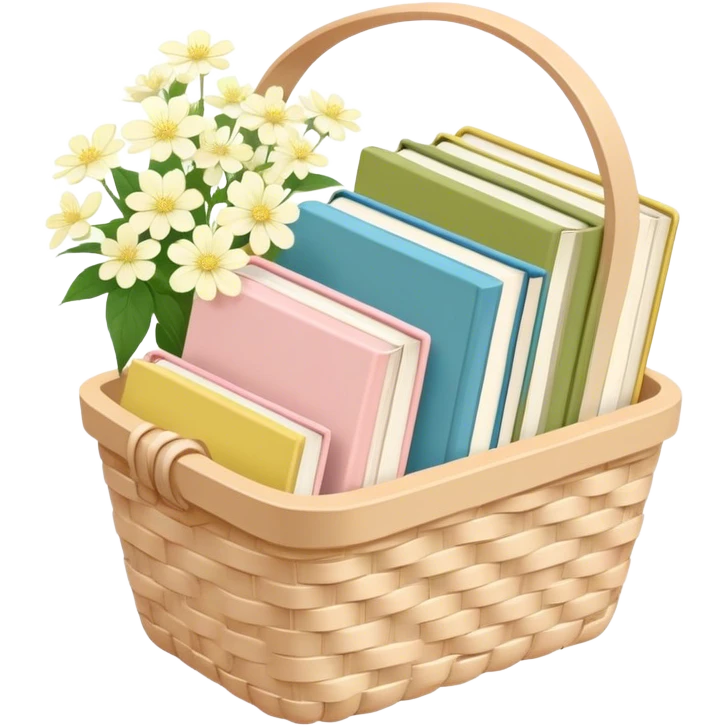 Pastel pink pastel yellow pastel blue and matcha colored books in a beige basket with flowers emoji