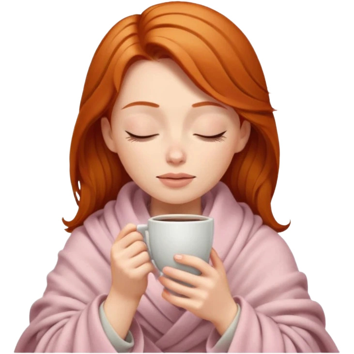 Ginger long hair lady inside a beige and light pink blanket sipping coffe with eyes closed  emoji