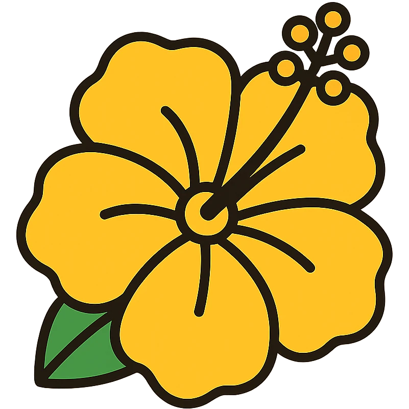 yellow hibiscus flower emoji, high detail, 4K resolution, black outlines, color outline icon style, suitable for keyboard emoji emoji