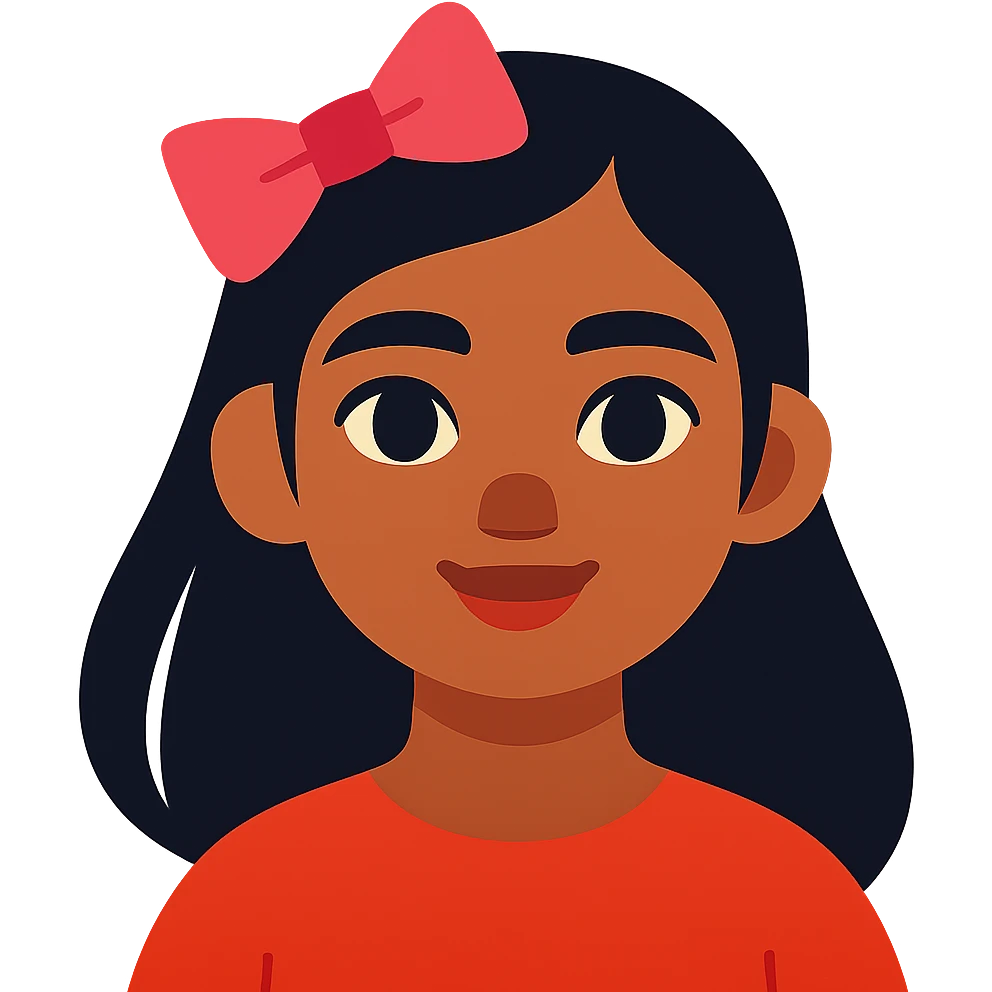 aesthetic portrait of a Sri Lankan girl with dark-ish but light skin, black hair, dark brown eyes, button nose, cute pink bow emoji