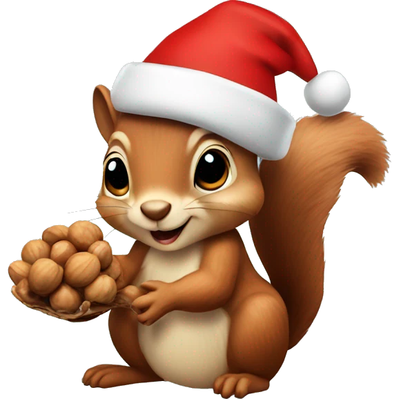 squirrel holding some walnuts and wearing a christmas hat emoji