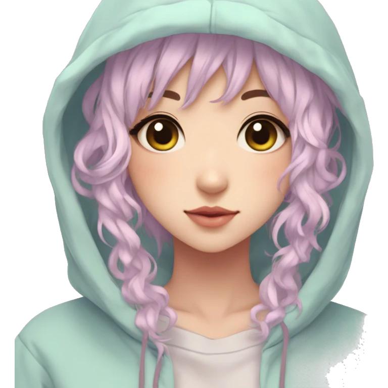 Gorgeous pastel anime girl with blushing face and hair garnitures and pretty hair and a hoodie aesthetic trending style emoji