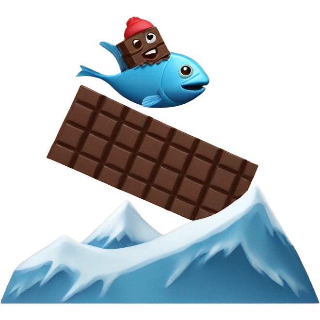 Fish skiing down a chocolate bar mountain emoji
