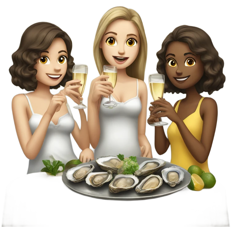 Three brown haired white girls eating oysters and drinking champagne  emoji