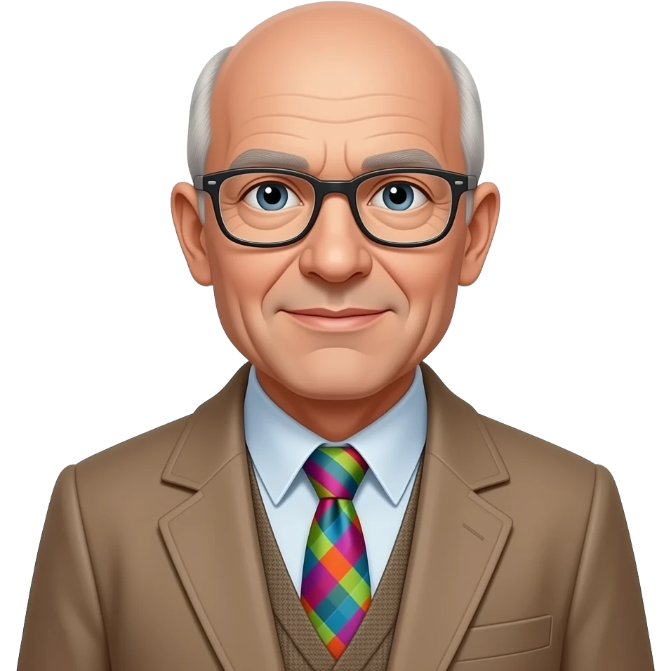 old man with no hairs wear coat and tie and wear eyeglassses change old man tie into multi colors and also change his coat color emoji