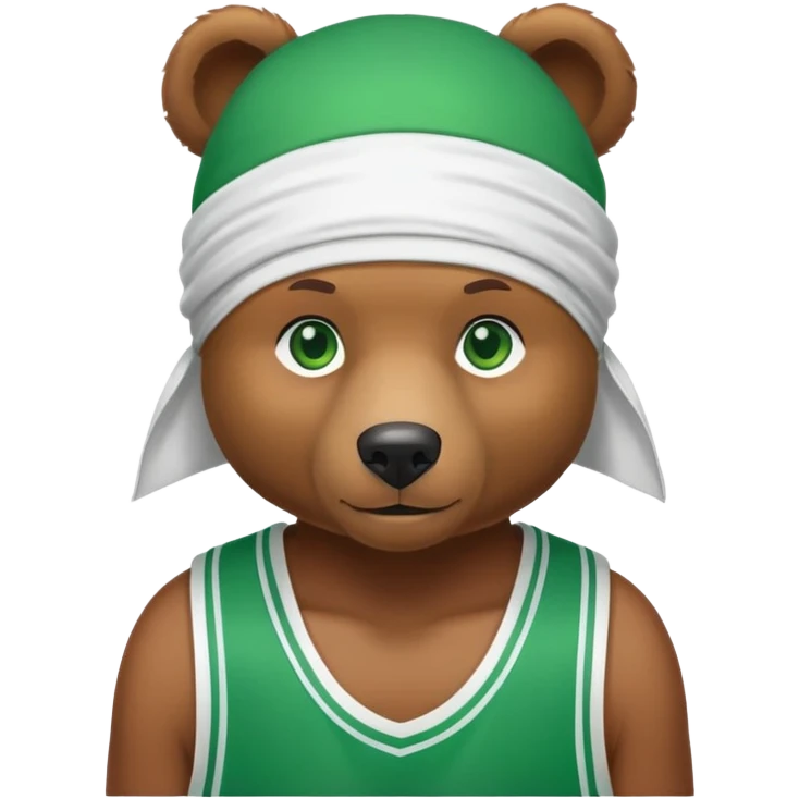 Cute brown bear with green eyes shown up to shoulders, wearing a white durag and black basketball jersey, visible upper chest and shoulders, iOS emoji style emoji