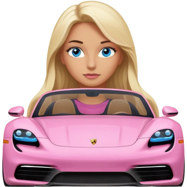 pink Porsche taycan with blonde girl, long hair, blue eyes, front view point of view, no sunglasses, sexy emoji
