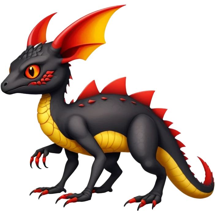 a black exotic edgy vernid-fionbr-Fakémon-creature, with red belly and yellow eyes, full body emoji