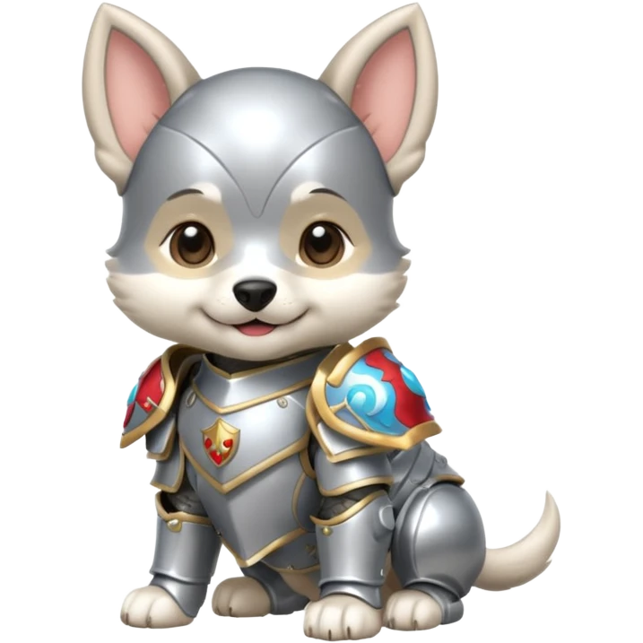 baby chibi dog in silver armor, full body, smile emoji