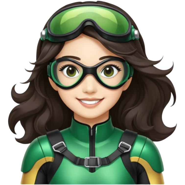green Power Ranger, Asian girl with long, less wavy dark brown hair, side parting, smiling, wearing scuba goggles emoji
