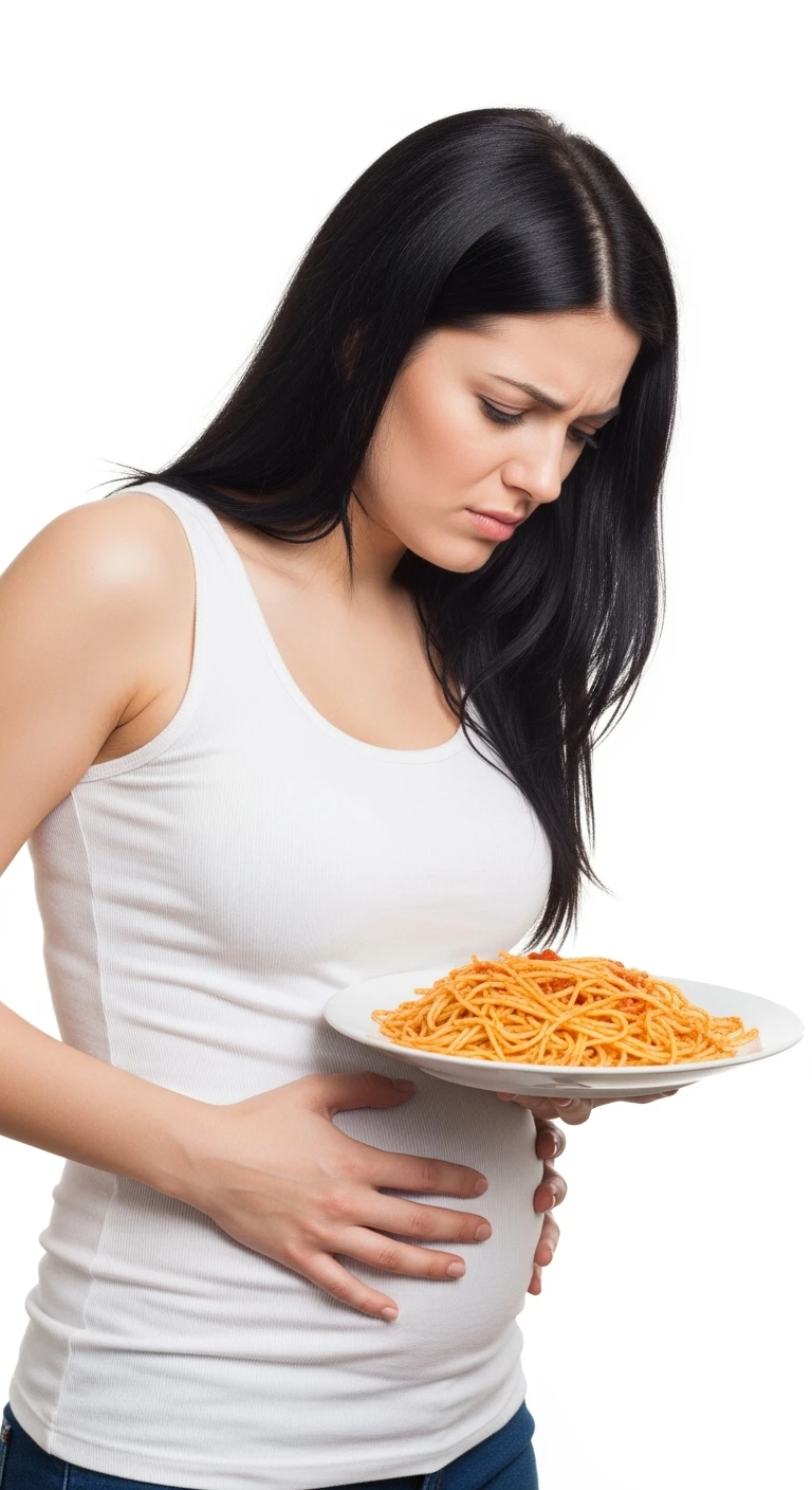 donna con gonfiore addominale e mal di pancia mentre tiene in mano un piatto di pasta, isolata su sfondo bianco emoji