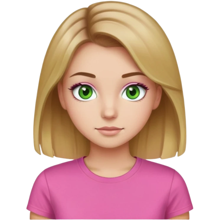 Girl with brown hair, blonde highlights, green eyes, pink t-shirt, pretty eyelashes emoji