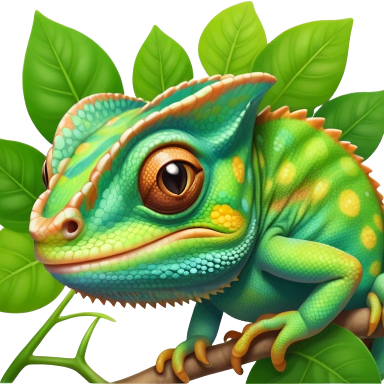 cinematic cute-smiling baby chameleon-realistic emoji,-blending-with-vibrant-greenery.-detailed-scales-in-shifting-colors,-showing-the-chameleon’s-ability-to-camouflage.-soft-natural-light-highlights-its-texture.-light-background, zoomed into its face emoji