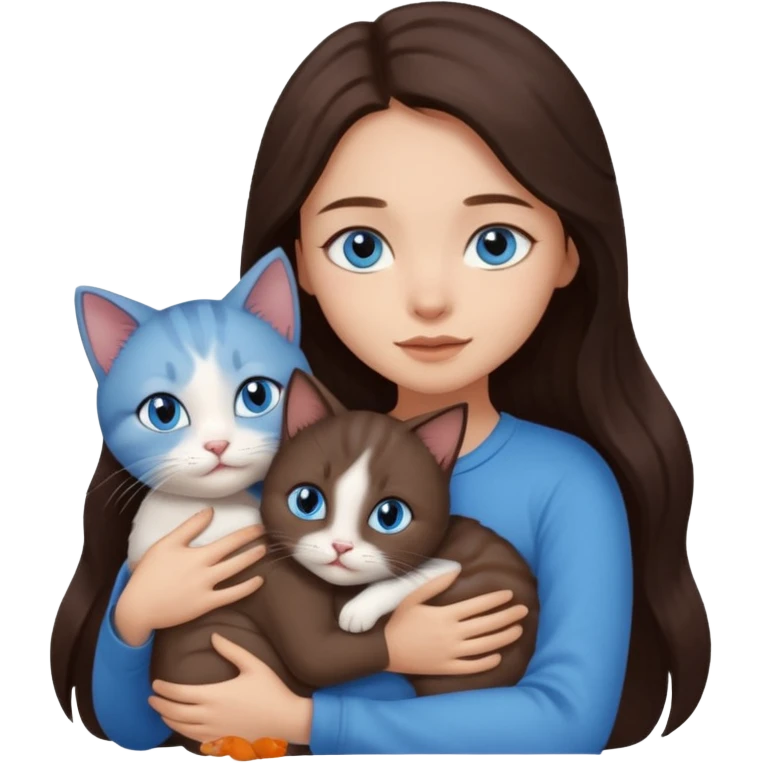 a pretty girl with long dark brown hair, with blue eyes, hugs 3 different natural coloured small cats emoji