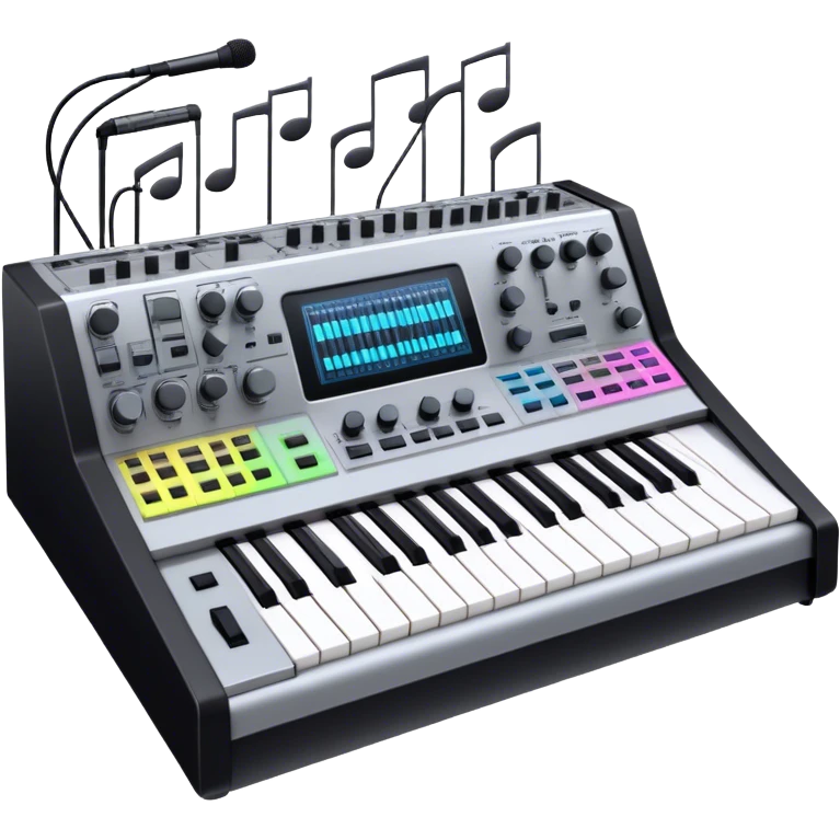 Create a professional and detailed emoji that represents sound design equipment. The design should feature a high-end Korg synthesizer, a sound mixing console, and a control panel with audio cables connecting to large studio speakers. Surround the equipment with sound waves made of musical notes to symbolize the creative process of shaping sound. Use sleek colors like silver, black, and neon accents to highlight the high-tech nature of the equipment. The background should be transparent. emoji