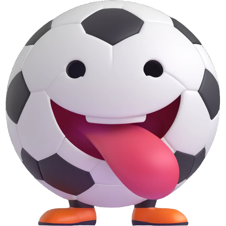 cartoon soccer ball character, grinning with tongue out, fun and friendly emoji