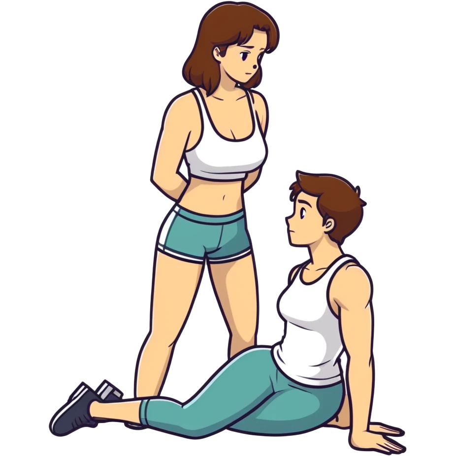 Caucasian woman with brown hair big boobs, a tank top, kneeling next to man standing emoji