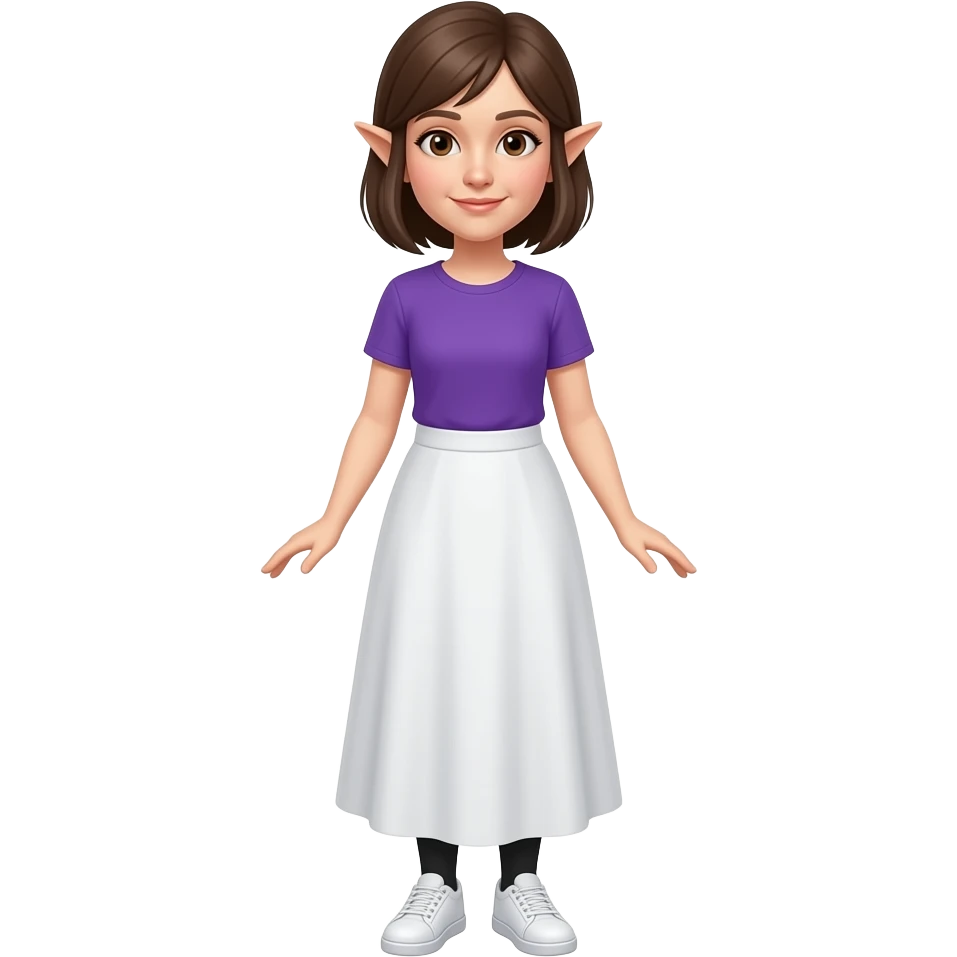 An adult woman with white/fair skin, brown hair, brown eyes and pointy ears and wearing a long white skirt, a purple t-shirt, black socks and white sneakers.. emoji