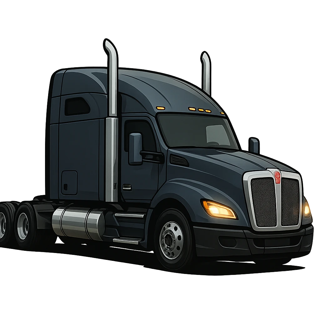 2026 Kenworth Sleeper semi truck, side view, headlights on, stylized illustration, no background emoji